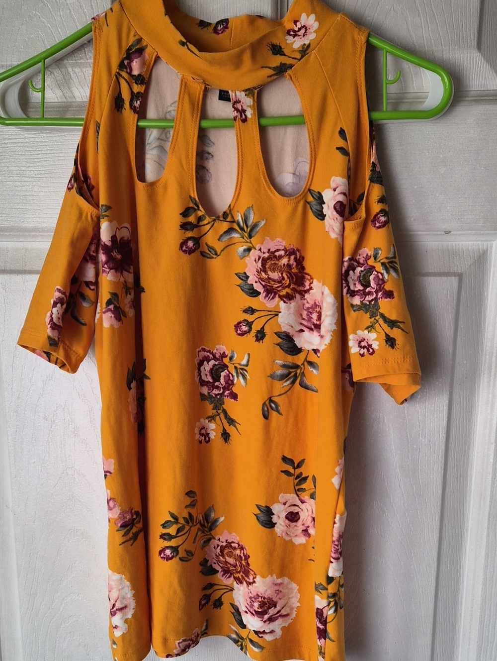 Floral Cutout Neck Cold Shoulder Mustard Yellow Women's Top